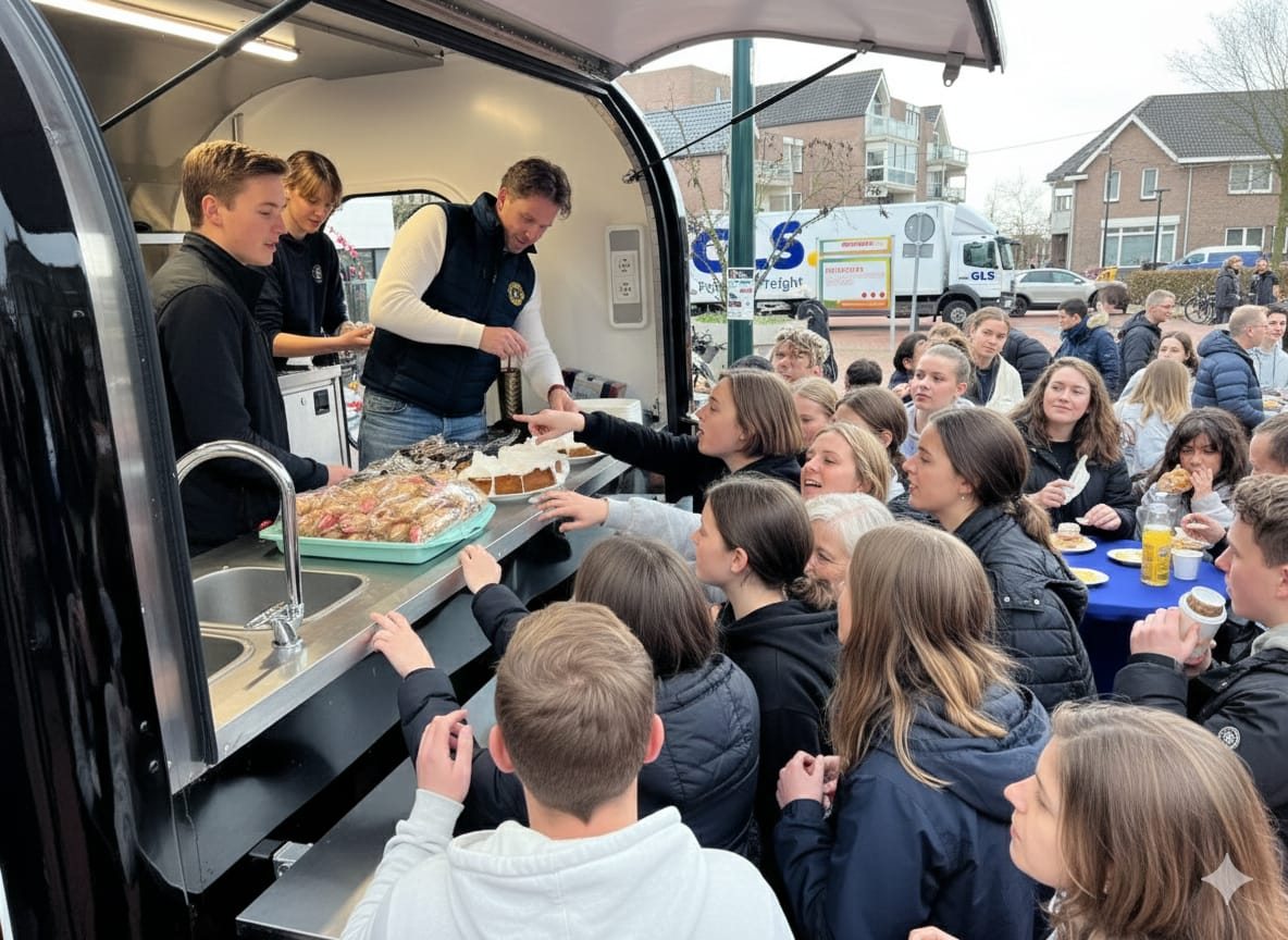 Lions-leden verkopen zelfgebakken taart vanuit een foodtruck in Haren